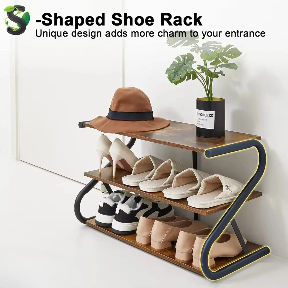 

3-Tier Shoe Rack, Z-Frame Wooden Shoe Shelf with Durable Metal Shelves for Hallway, Living Room, Closet, Bedroom (Rustic)