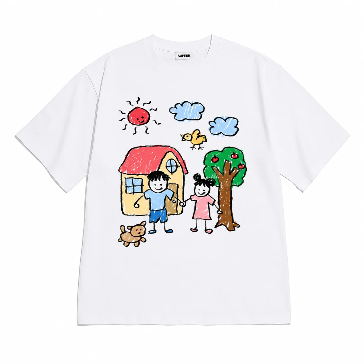 SUPERK Crayon Drawing House Kids Dog Print T Shirt Unisex Loose Oversized Harajuku Streetwear Cotton Summer Graphic Tee