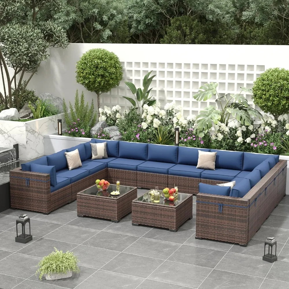 Outdoor Patio Furniture Set, 14 Pieces PE Wicker Pit Sectional Sofa with Blue Cushions, Coffee Tables, All-Weather Covers, Patio