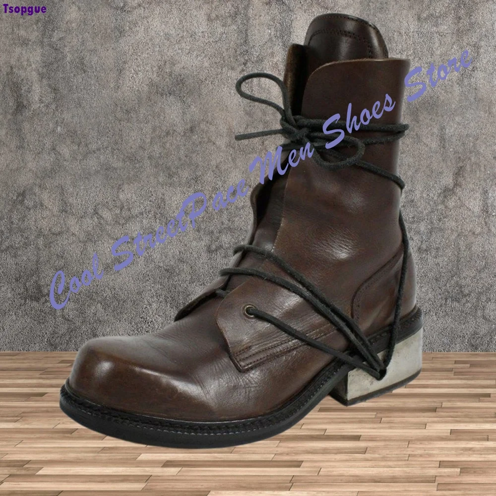 Dark Goth Streetwear Ankle Combat Boots Men Vintage Distressed Brown Leather Multi Wrap Around Laces Silver Metal Block Heel