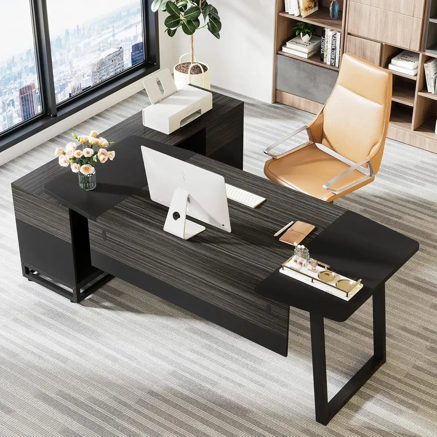 

С шкафом для хранения и полками. Высококачественный офисный стол 74,8 дюйма и боковой шкаф для документов 55 дюймов, большой L-образный компьютерный стол