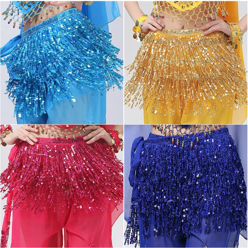 

Women Sexy Belly Dance Hip Scarf with 4-Layer Sequins Layered Fringe Shiny Skirt Bohemian Chiffon Adjustable lacing Waist Chain