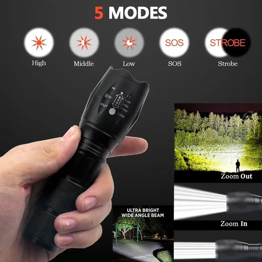 Powerful T6 LED Flashlights 5 Mode Zoom Light Aluminum Alloys Built-in 18650 Battery Waterproof  Material Lamp for Camping Torch