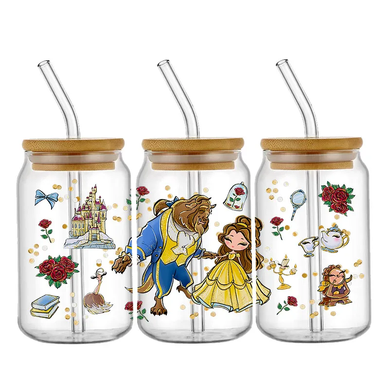 Disney Linda princesa 16oz Libbey UV DTF vidrio puede envolver película de dibujos animados vidrio mágico puede diseñar princesa vaso envoltura