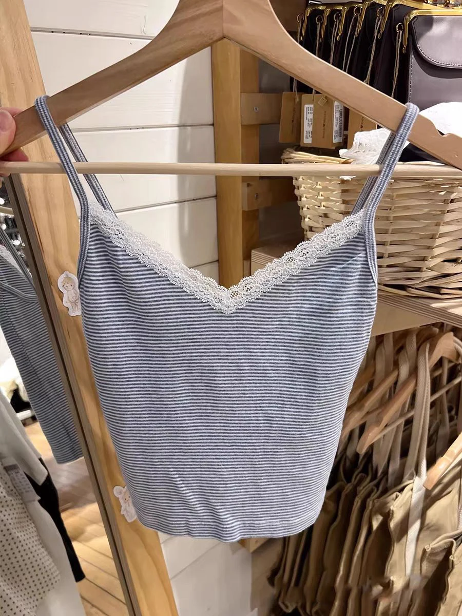 Blue Striped Lace Trim Tank Tops Women New Sexy V-neck Cotton Sleeveless Slim Crop Top Summer Camisoles Vintage Sweet Vests Y2k