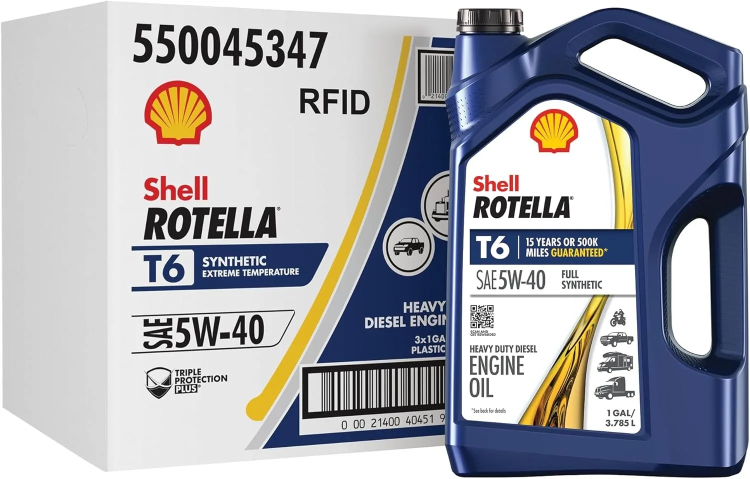 

Моторное масло Shell Rotella T6 Full Synthetic 5W-40 для защиты дизельных и бензиновых двигателей тяжелой техники, 1 галлон (3 упаковки)