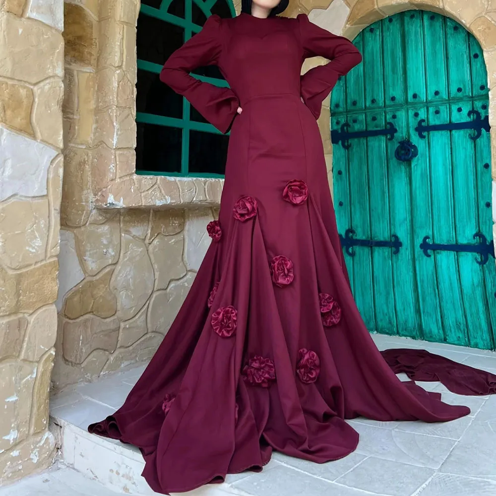 ที่กําหนดเอง Mermaid Prom Dresses ความยาว O - Neck แขนยาวชุดราตรีแฟชั่นดอกไม้ Simple Draped Casual Party Gown