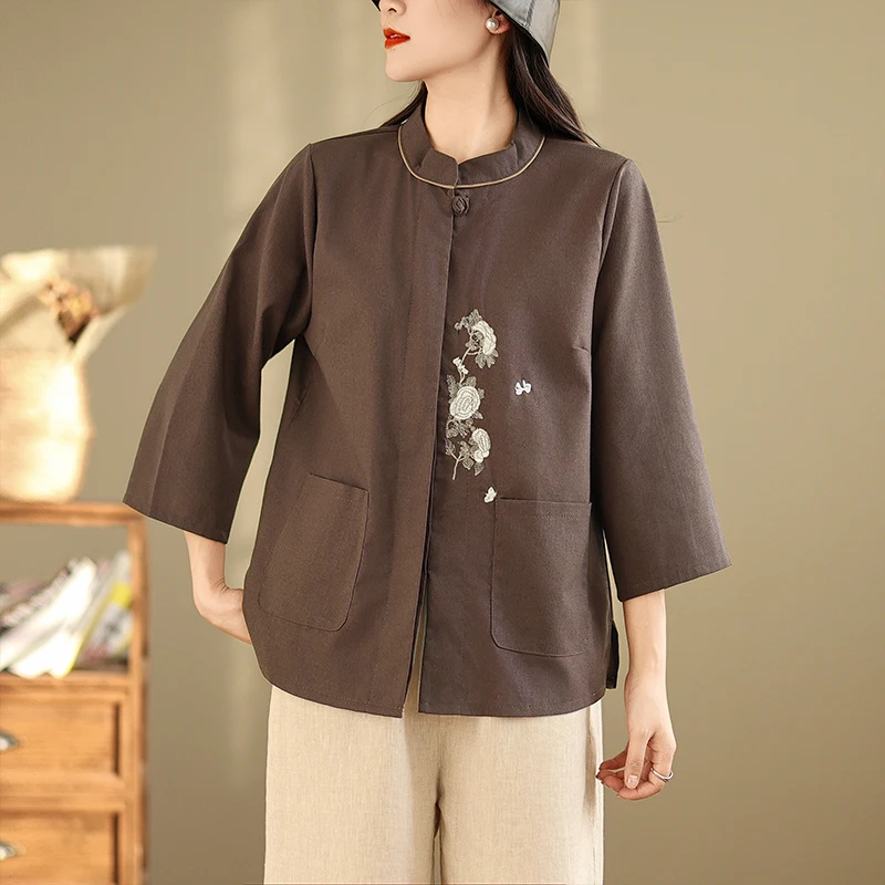 Nieuwe Chinese Sle Zomer High End Negen Sve Button Geborduurde Vlas Dames Retro Zen Irt Loose Fit Katoen Linnen mix