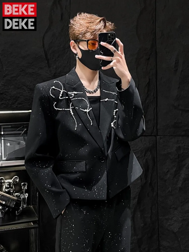 

Mens Black Suit Jacket Fashion Single Button Rhinestone Pearls Spring Autumn Designer Loose Fit Casual Short Blazers Tops Male