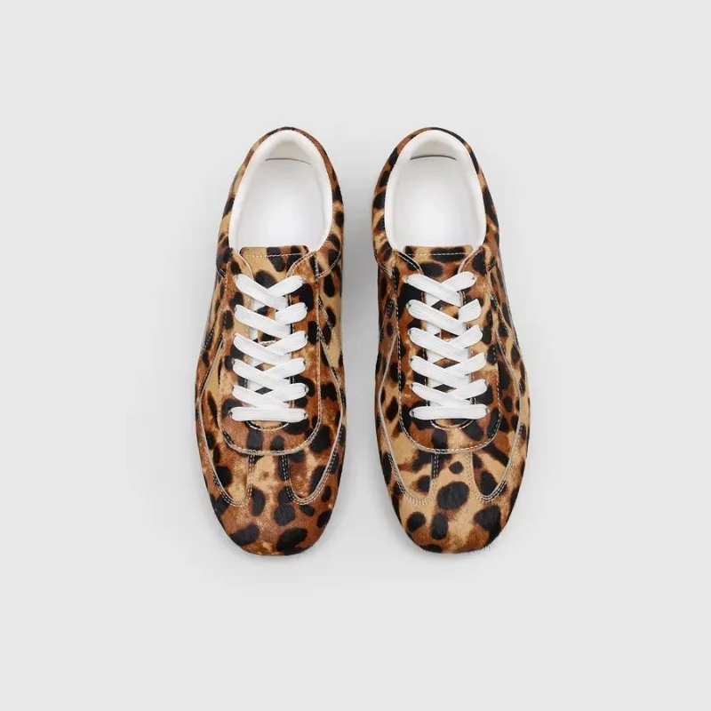 Designer Fashion Horsehair Retro Leopard Print Genuine Leather Training Shoes Men Sport Casual Daily Flat Sneakers Male Oxfords