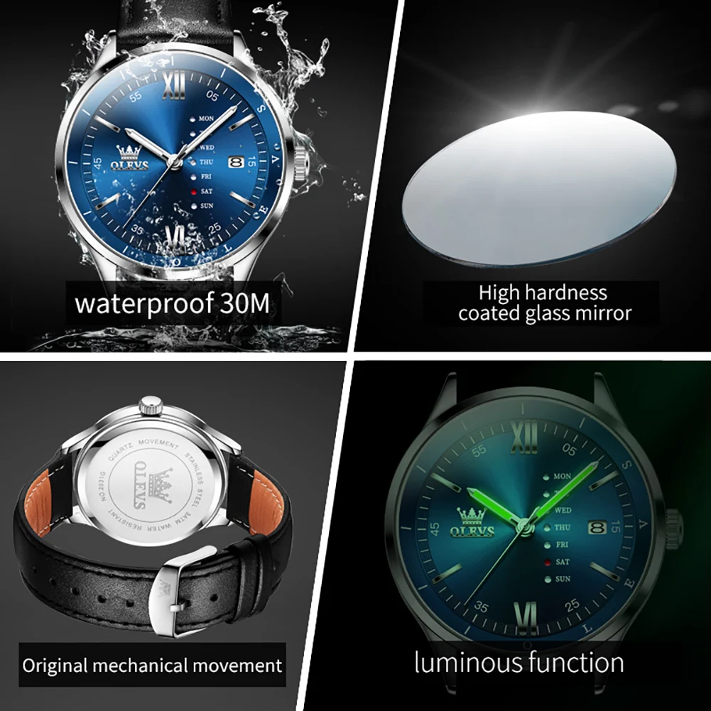 OLEVS Men\'s Watches Minimalist Fashionable Original Quartz Watch for Man Comfortable Leather Strap Waterproof Luminous Date Week