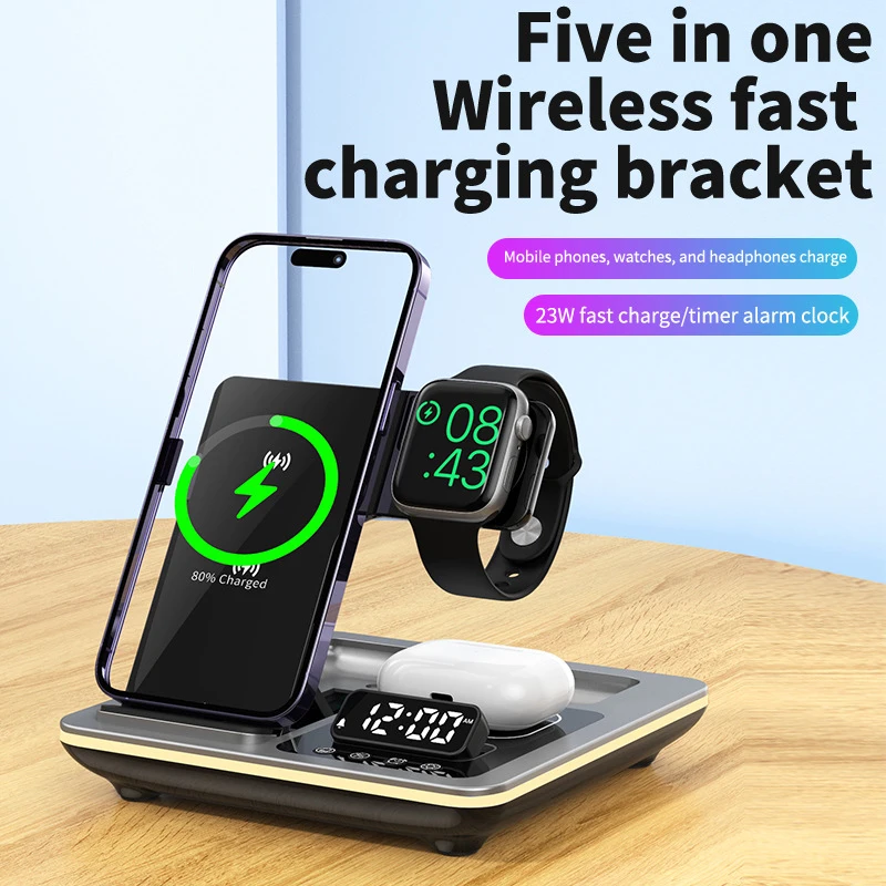 Foldable 3 in 1 Wireless Charger Station with Digital Clock Display Fast Charging Magnetic Stand