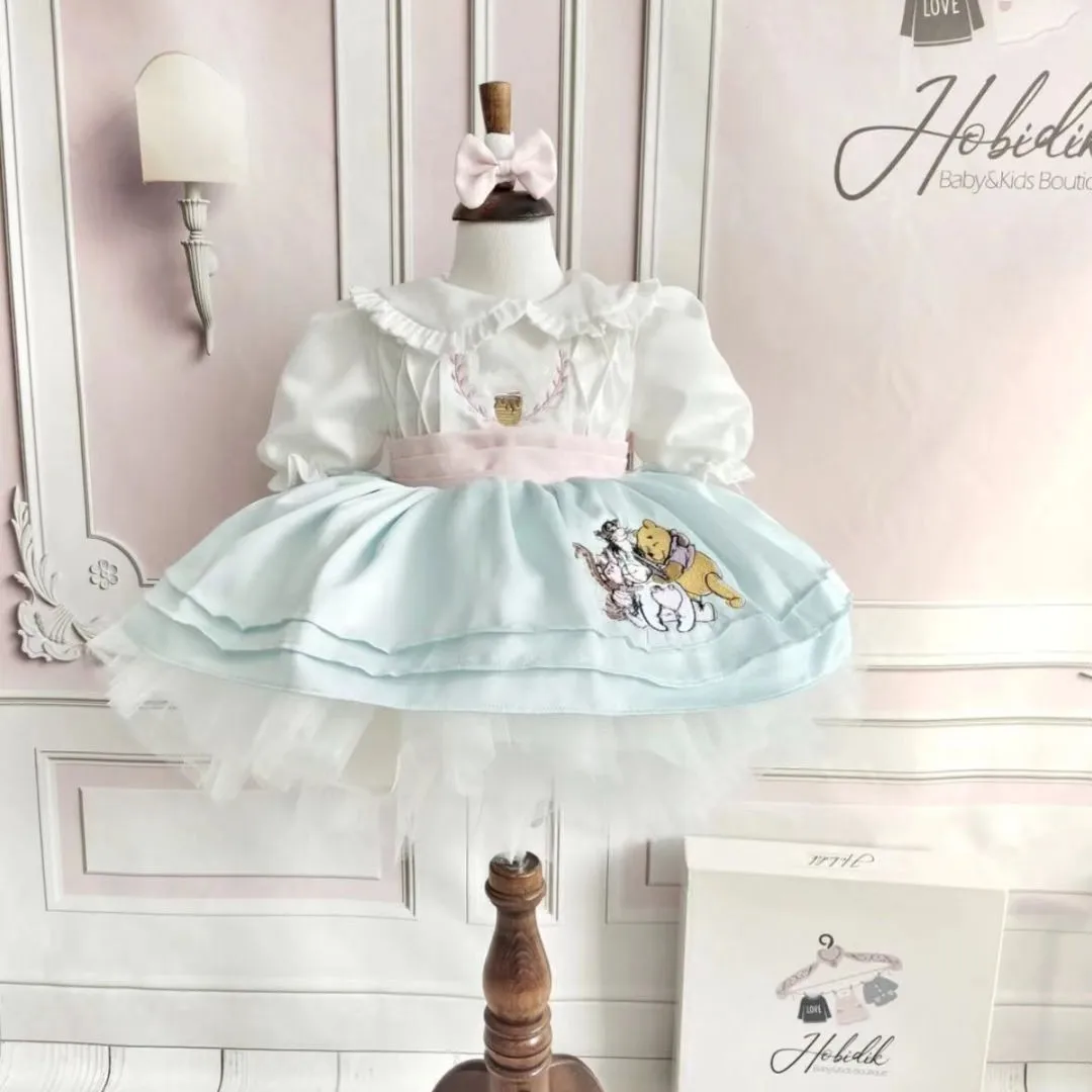 0-12Y Baby Girl Summer Blue Bear Embroidery Turkish Vintage Lolita Princess Ball Gown Dress for Birthday Eid