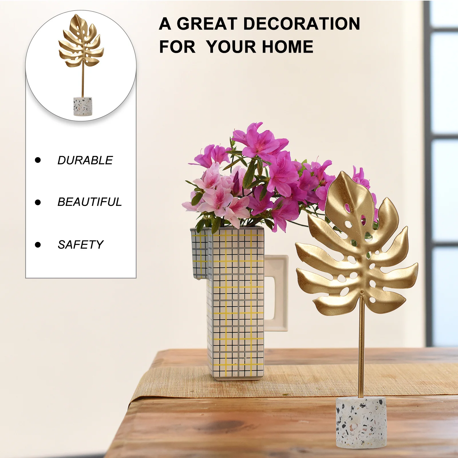 

4pcs Desktop Ornament Electroplated Golden Leaves Home Decor Resin Terrazzo Base Artificial Leaves Tabletop Decoration
