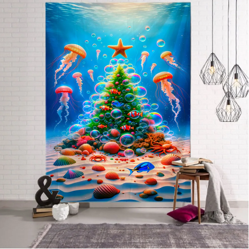 

Underwater Christmas tree tapestry, Santa Claus wall hanging, holiday background poster, bedroom and living room decoration