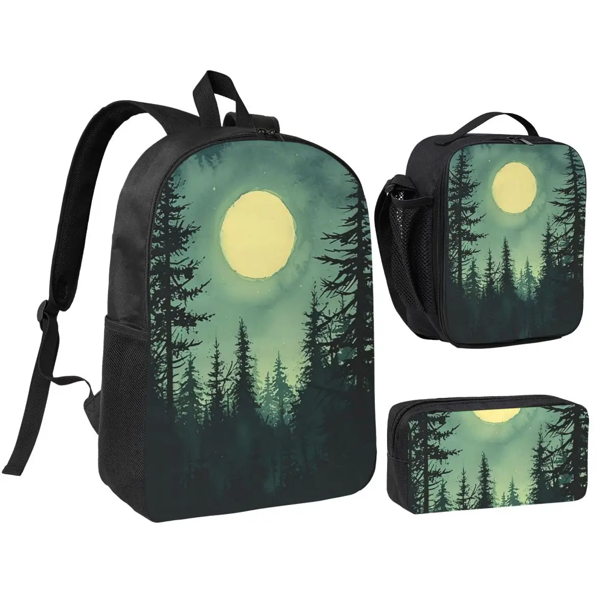 Nighttime Pine Forest Backpack Student BookBag School Bag Shoulder Bags 3ps Insulated Lunch Bag Pencil Case