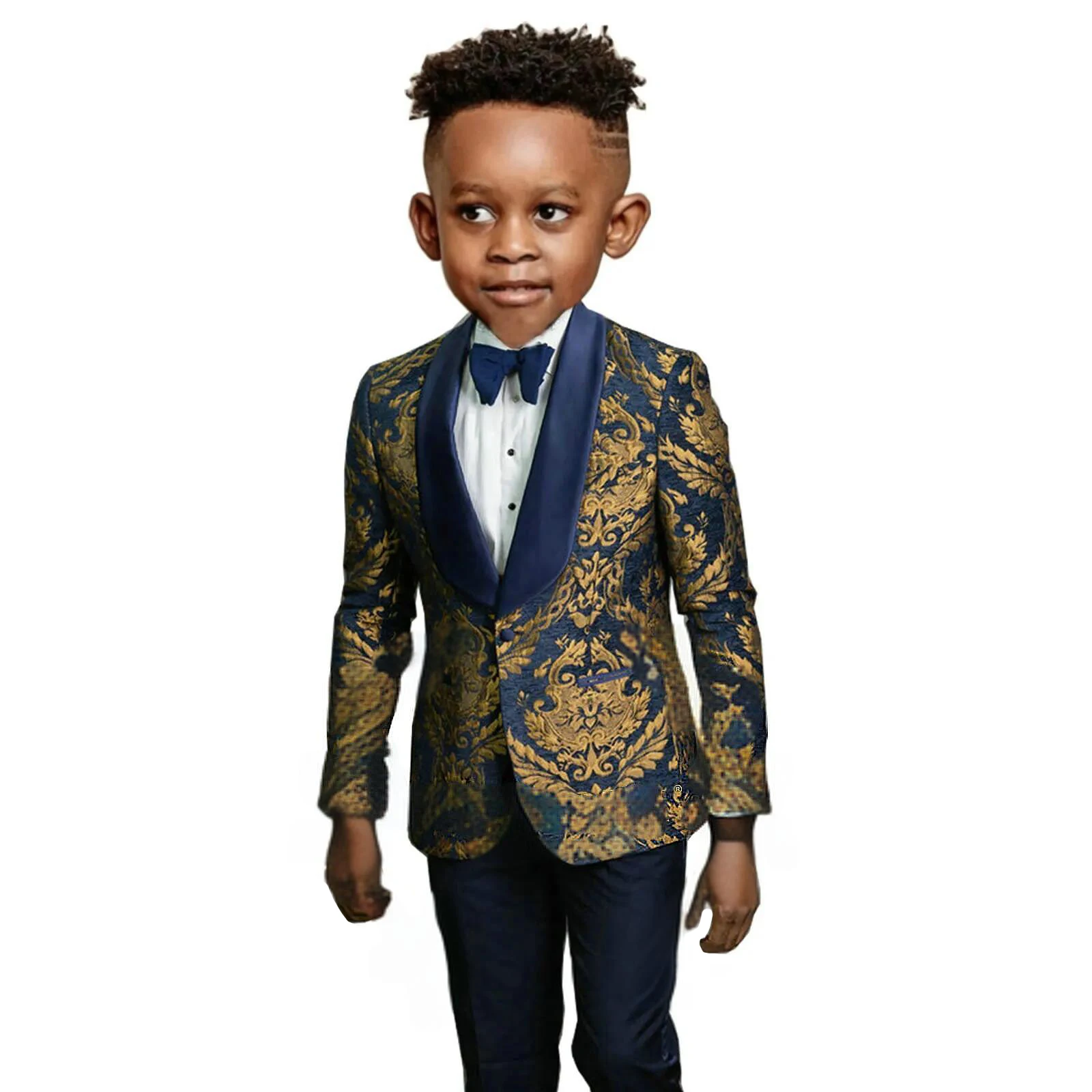 Boy\'s Suit Set 3 Pieces Luxury Gold Paisley Kids Formal Tuxedo Wedding Ring Bearer Prom Outfit Stylish Child Suits Jacket Pants