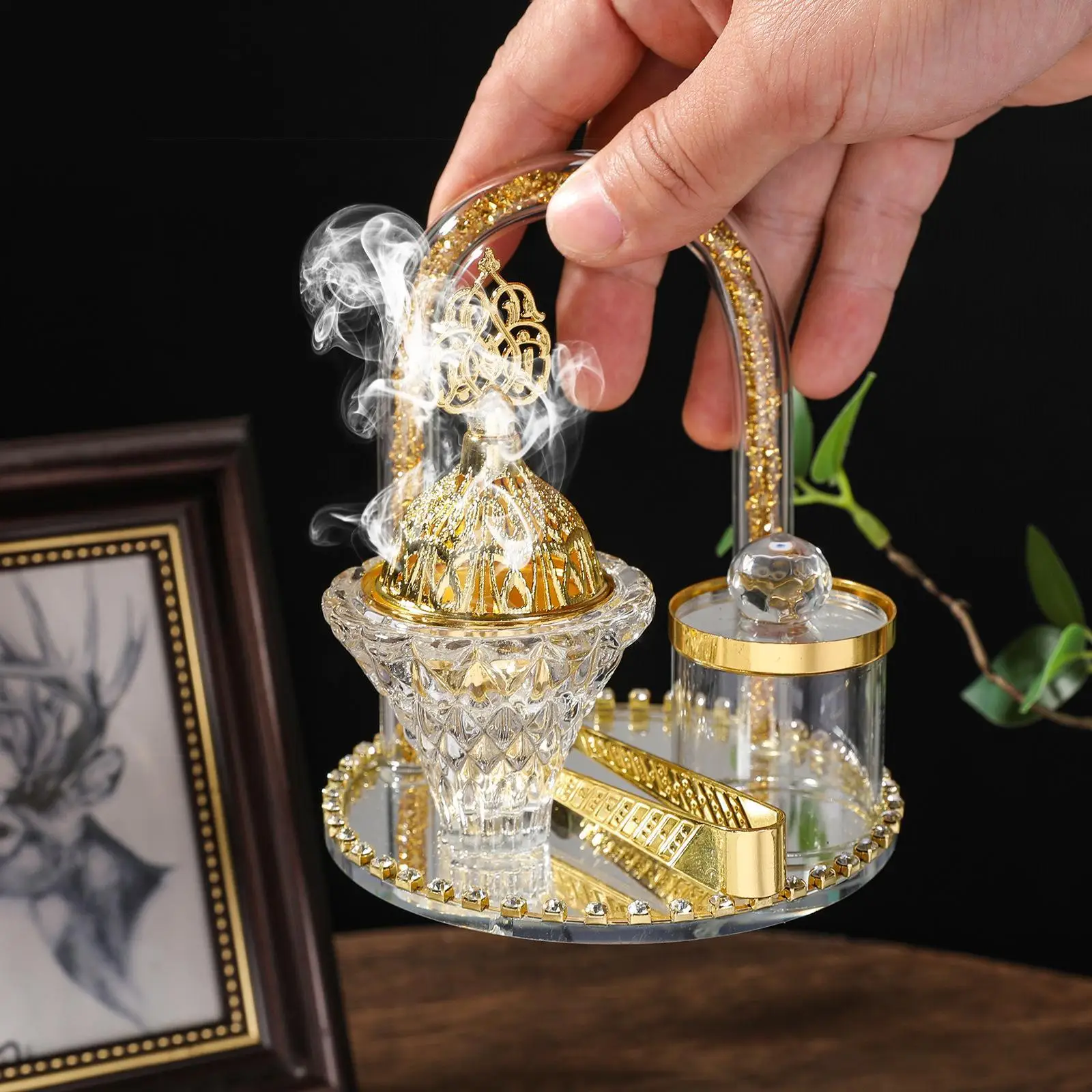 Arabic Incense Burner Incense Holder with Tray Spice Jar Clip Artwork Home Decor for Spa Meditation Teahouse Festival Birthday