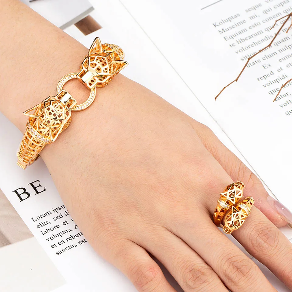 

Zlxgirl jewelry luxury brand two leopard head women punk bangle anniversary jewelry set women's Gold bracelet free shipping