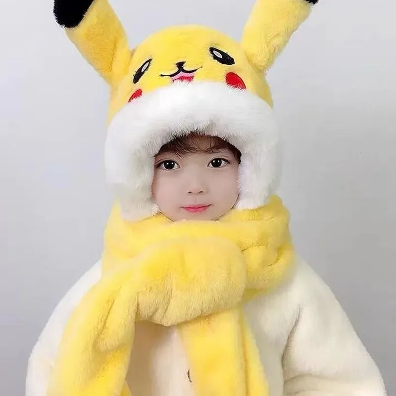 Kawaii Pokemon Pikachu pluszowa czapka Anime Cosplay kapelusze ciepłe szalik śliczne ruchome uszy rękawiczki szaliki czapki w jednym prezenty