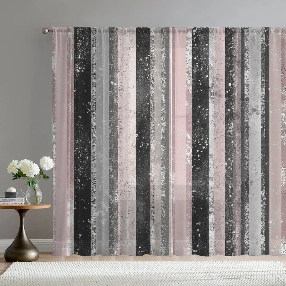 2Pcs Sequins And Black And Pink Striped Pattern Print Home Decoration Window Screens Suitable For Coffee Shops, Restaurants