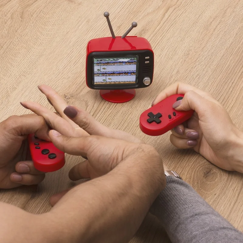 A two player game console with a retro mini TV design