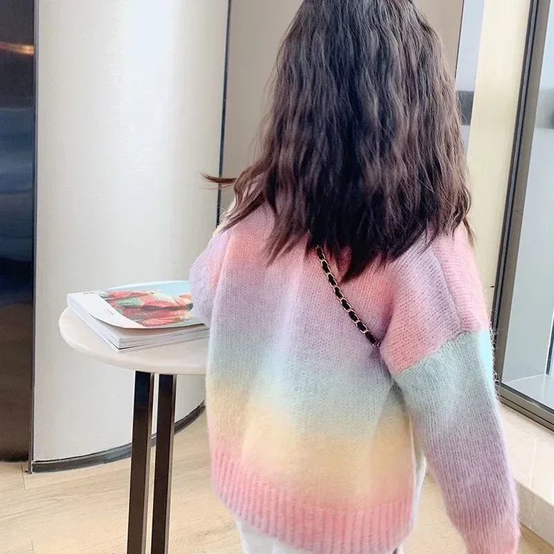Girls Sweater Coat Autumn Gradient Cardigan Sweater 2025 New Childrens Rainbow Net Red Fashion Style Casual Girls Coat Top
