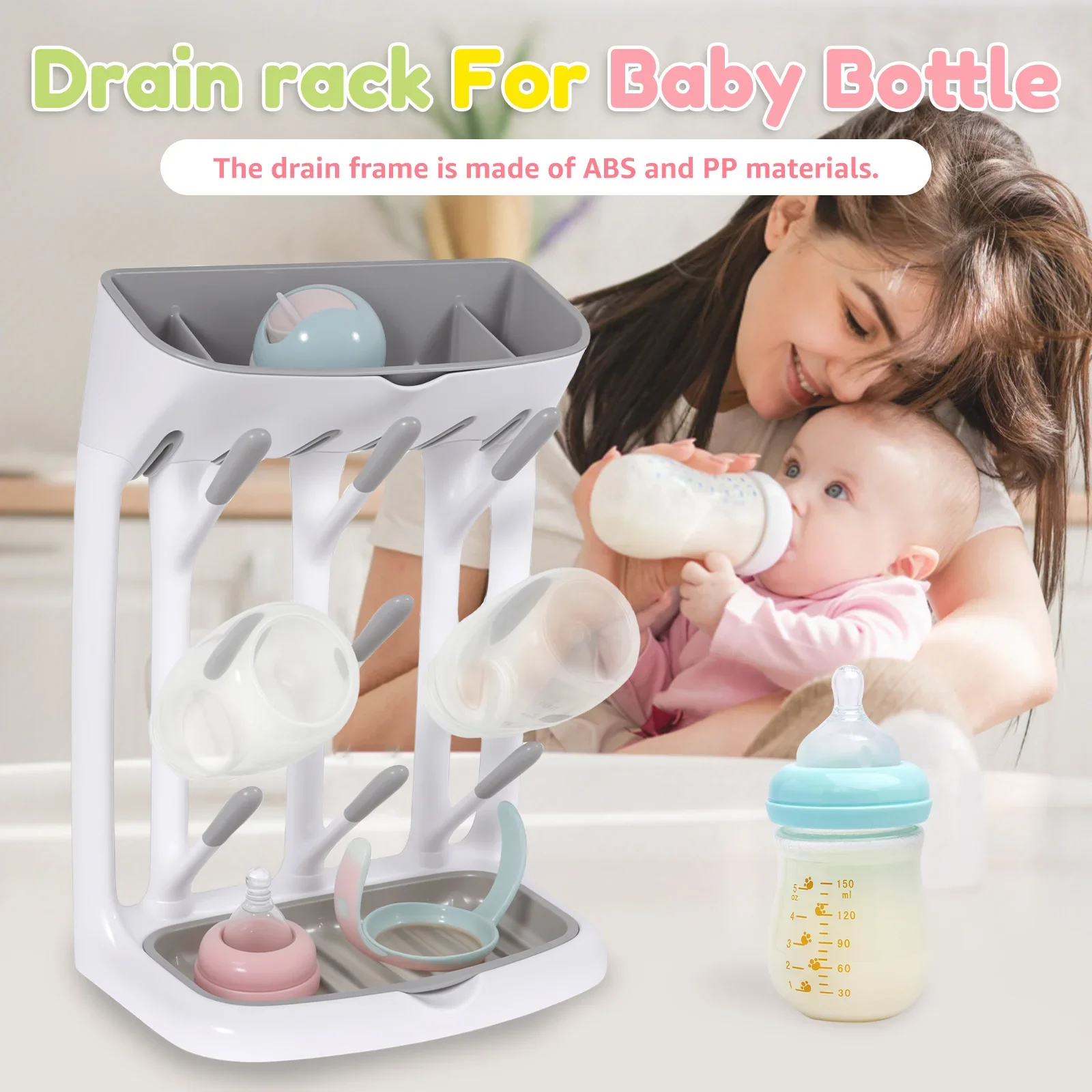Baby Bottle Drying Rack Space Saving Countertop Holder Detachable Tray Baby Bottles Holder Organizer and Drying