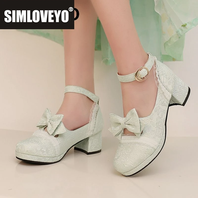 

SIMLOVEYO 2025 Новый дизайн Женские туфли-лодочки в стиле Лолиты с круглым носком и блочным каблуком с пряжкой и ремешком и бантом 31 32 33 42 43 Милые туфли для девочек