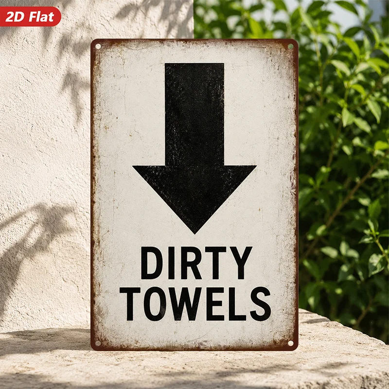 2D Flat, 1pc Dirty Towels Metal Sign Wall Art, Bold Downward Arrow, Ideal for Office Entryway, Black And White Design, Home Deco