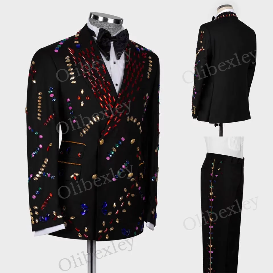 

Olibexley Men's 2 Piece Slim Fit Suit Luxury Beaded Crystals One Button Wedding Groom Business Prom Customized Male Suits