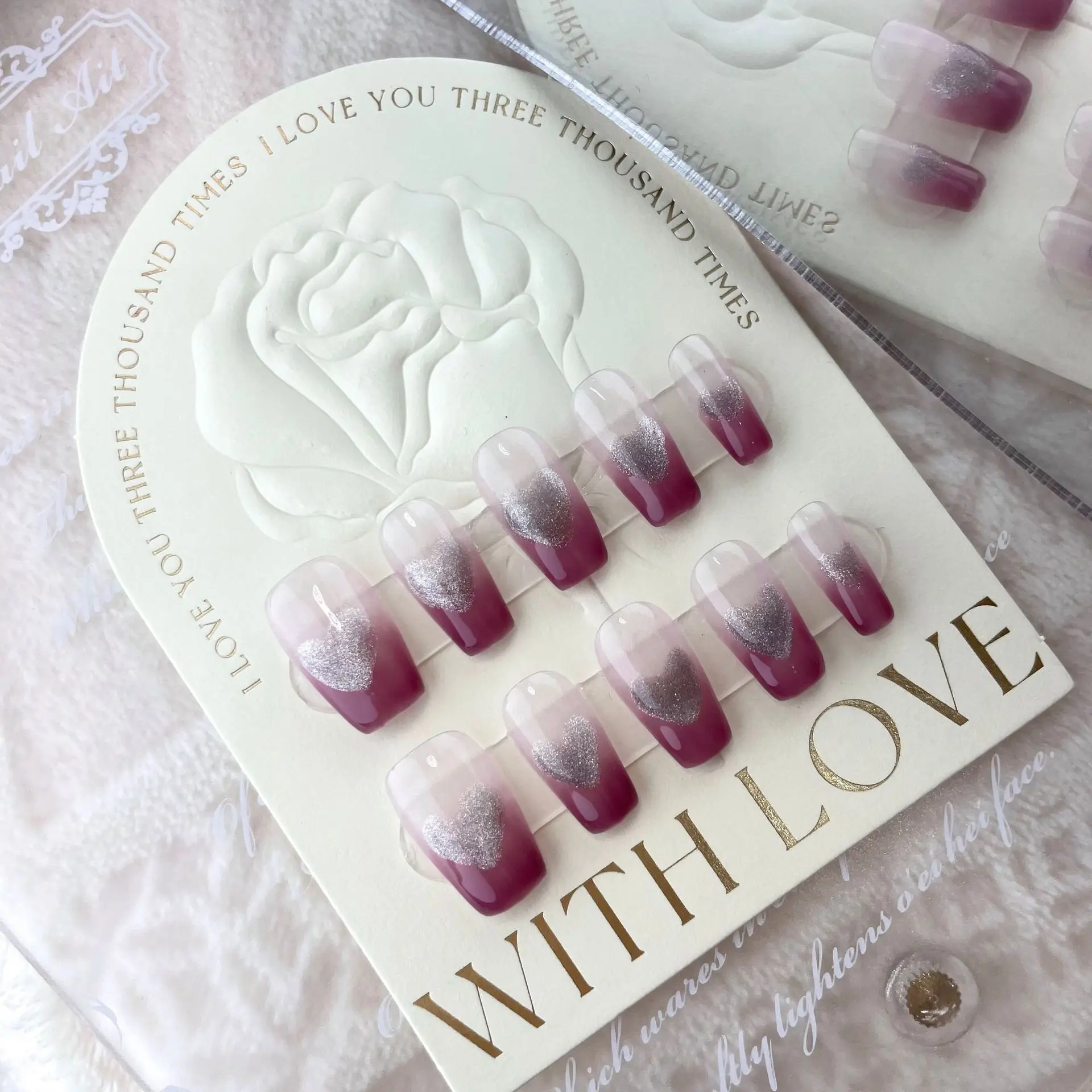 

Handmade Short Press on Nails Pink Purple Heart Design Reusable Adhesive False Nails Gradient Full Cover Nail Tips with Glue