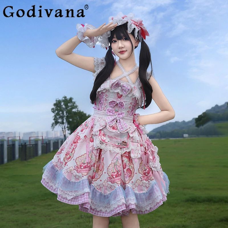 

Christmas Lolita Cos Dress Jsk Japanese Girls Sweet Cute Bow Print Halter Birthday Party Dress Princess Tea Party Dress Women
