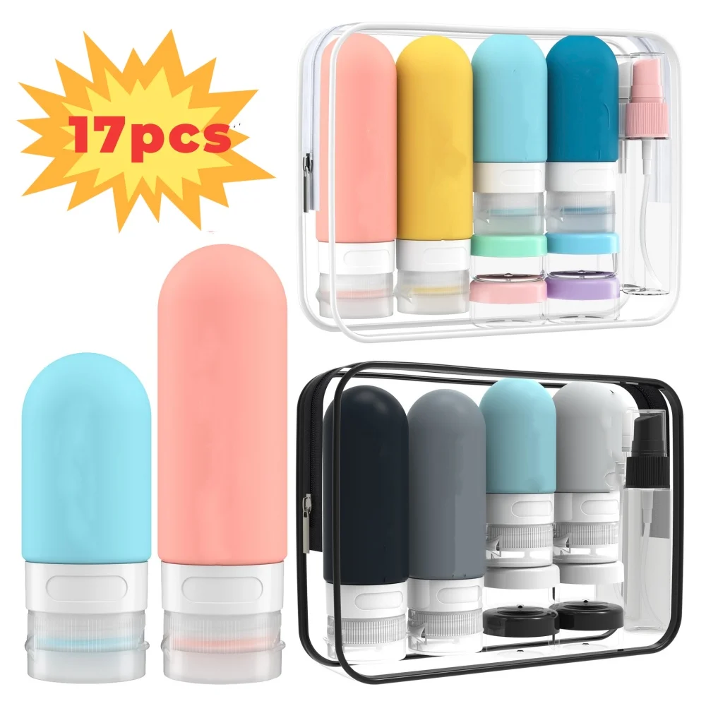 17 عبوة من مجموعة زجاجات السفر المقاومة للتسرب، حاويات من السيليكون لمستحضرات التجميل وأدوات توزيع كريم غسول الرش