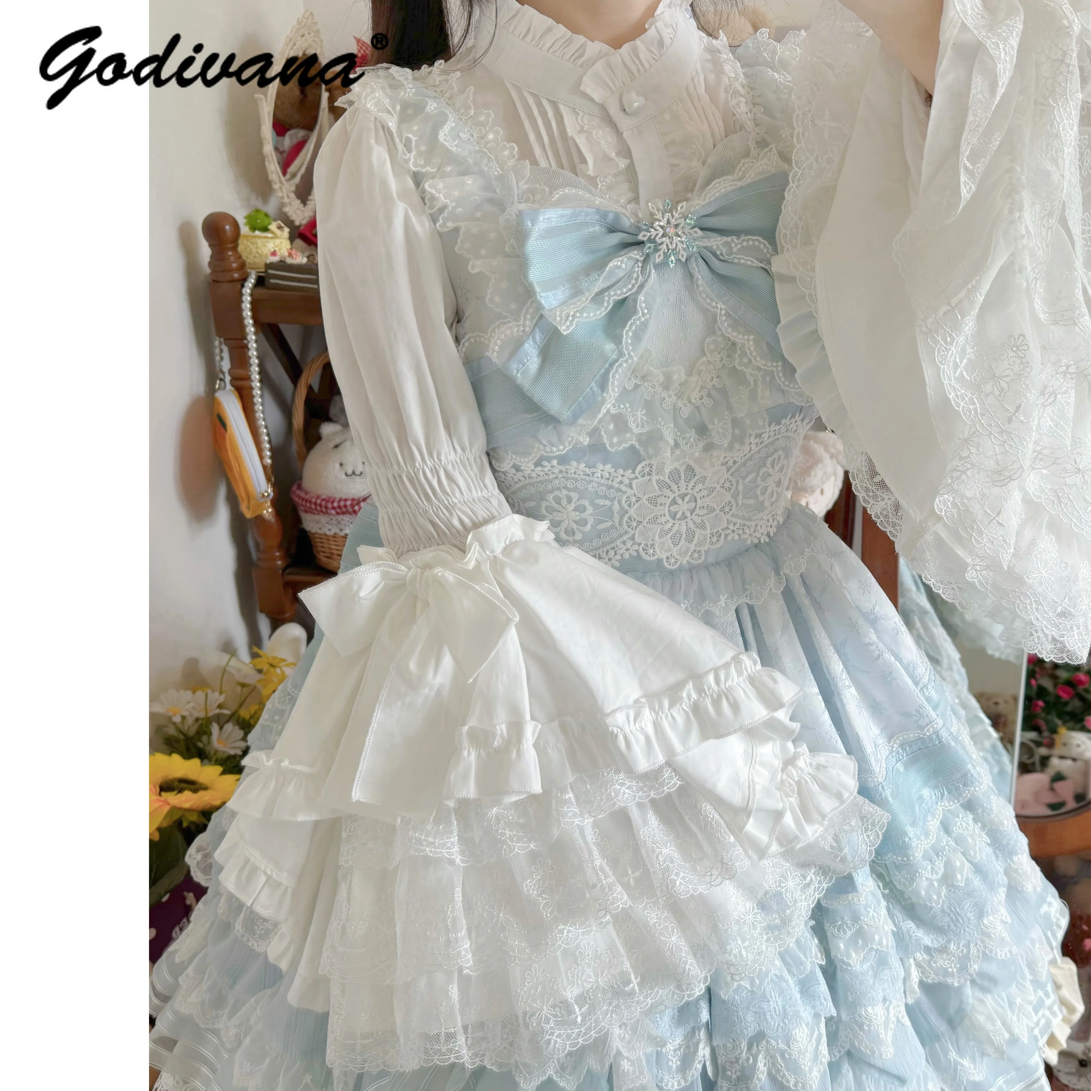 Original Lolita Girls Long-sleeved Stand Collar Lace Flare Shirt New Spring and Autumn Women\'s Sweet Fairy Princess Blouse Tops