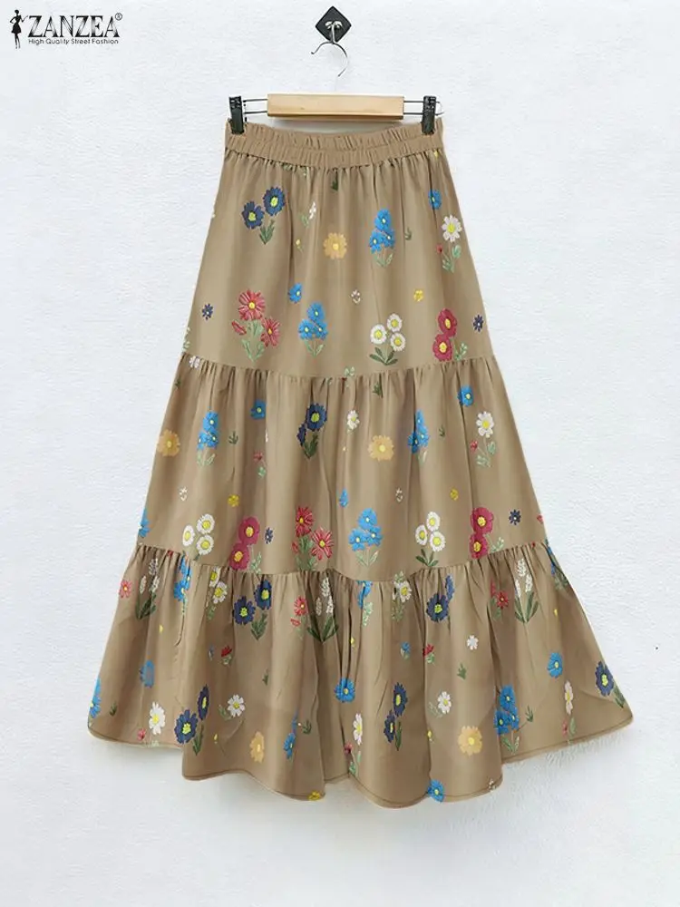 

Women Floral Print Midi Skirts 2025 Autumn Elastic Waist A-Line Tiered Skirt ZANZEA Elegant Casual Woman Bottoms S-3XL Dropship