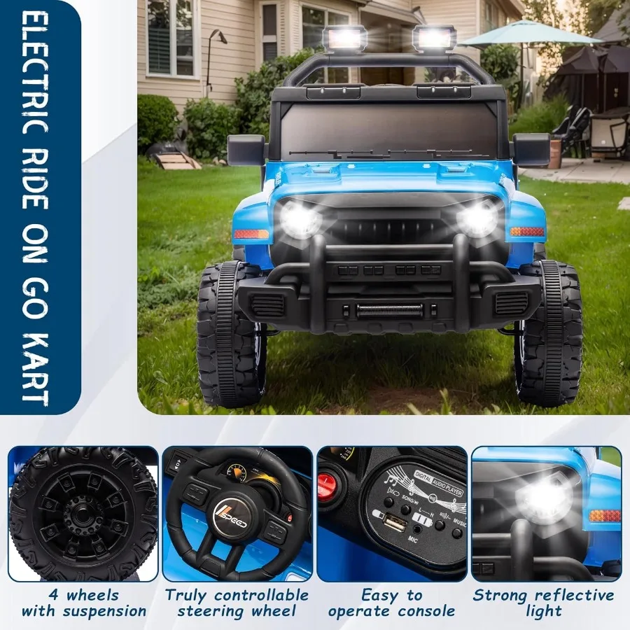 Samochodzik dla dzieci typu truck, elektryczny, 12V, z kontrolą rodziców, zabawka do jazdy dla maluchów z muzyką, Bluetooth, czterokołowe zawieszenie.