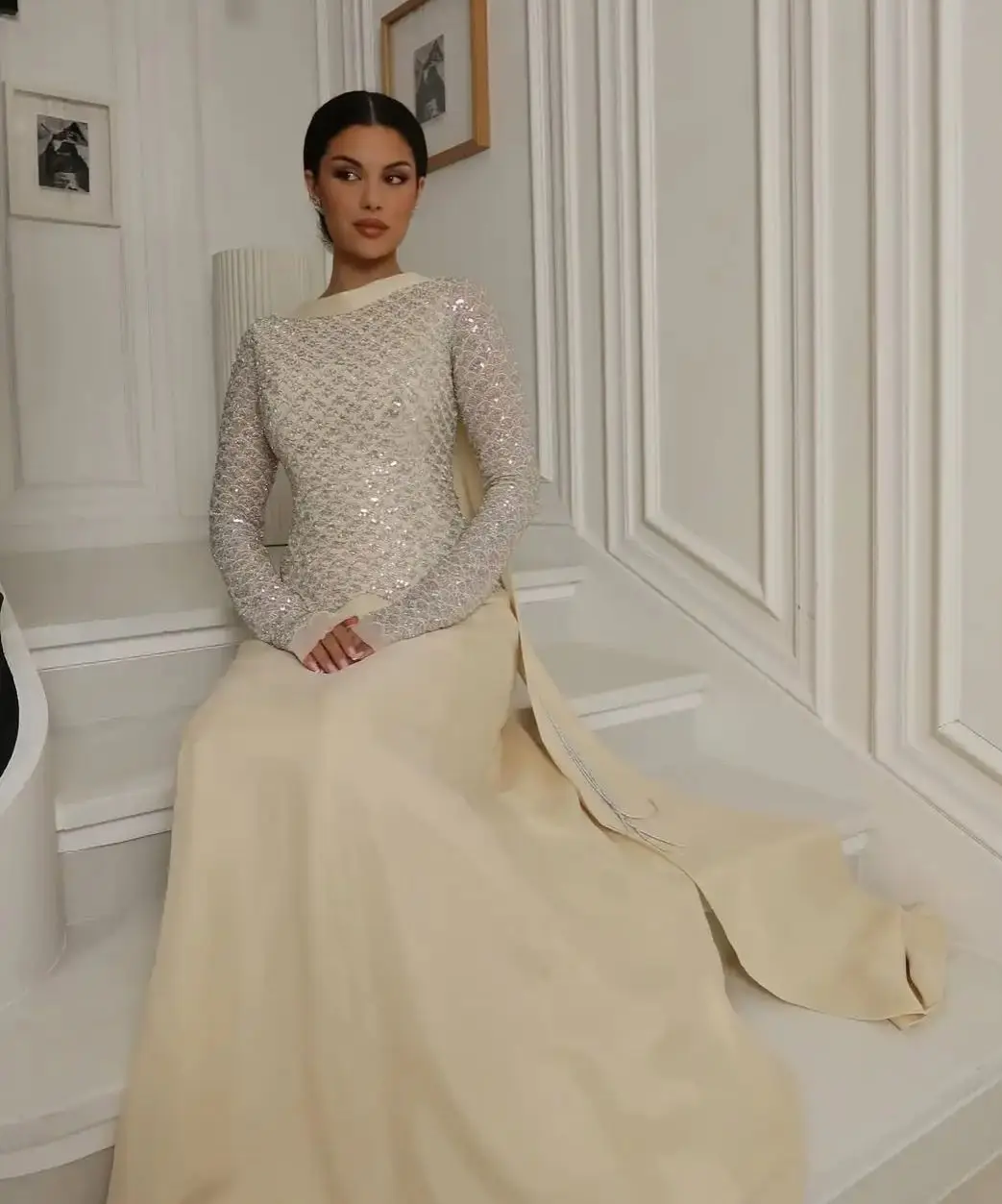 

Ofherown Champagne Sequin Long Sleeve Evening Gown Women Boat Neck Back Tassel Prom Dress Formal Party Dress Vestido de Noche