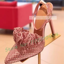 Crystal Ruffles Pointy Sandals For Women Sparkly Outfit High Heels Evening Shoes Ladies Summer Bling Party Pink Satin Sandals