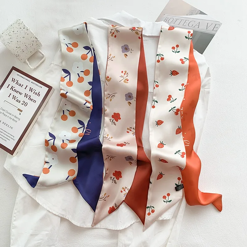 Small fresh silk scarf for women, spring and autumn, Korean style, versatile, trendy long strips, decorative scarf and hair tie