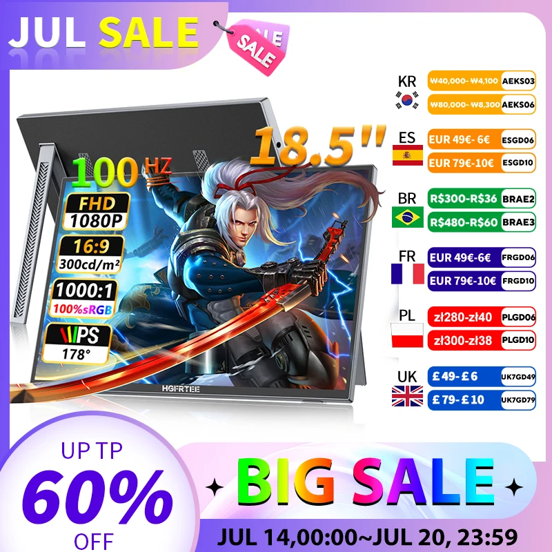 

18.5inch Portable Monitor 100Hz 100%sRGB Laptop Extended Display With VESA Hole Gaming Accessories for PS4/5 Xbox Switch ADS-IPS