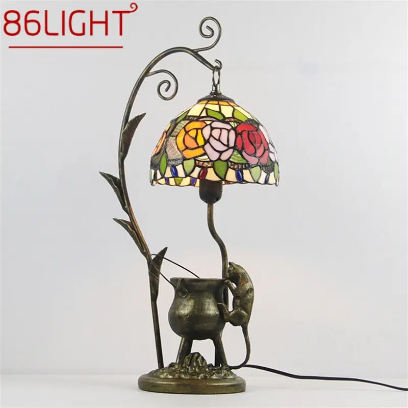 

86LIGHT Tiffany Glass Table Light LED Creative Resin Bedside Desk Lamp Flower Shape Lampshade For Home Living Room Bedroom