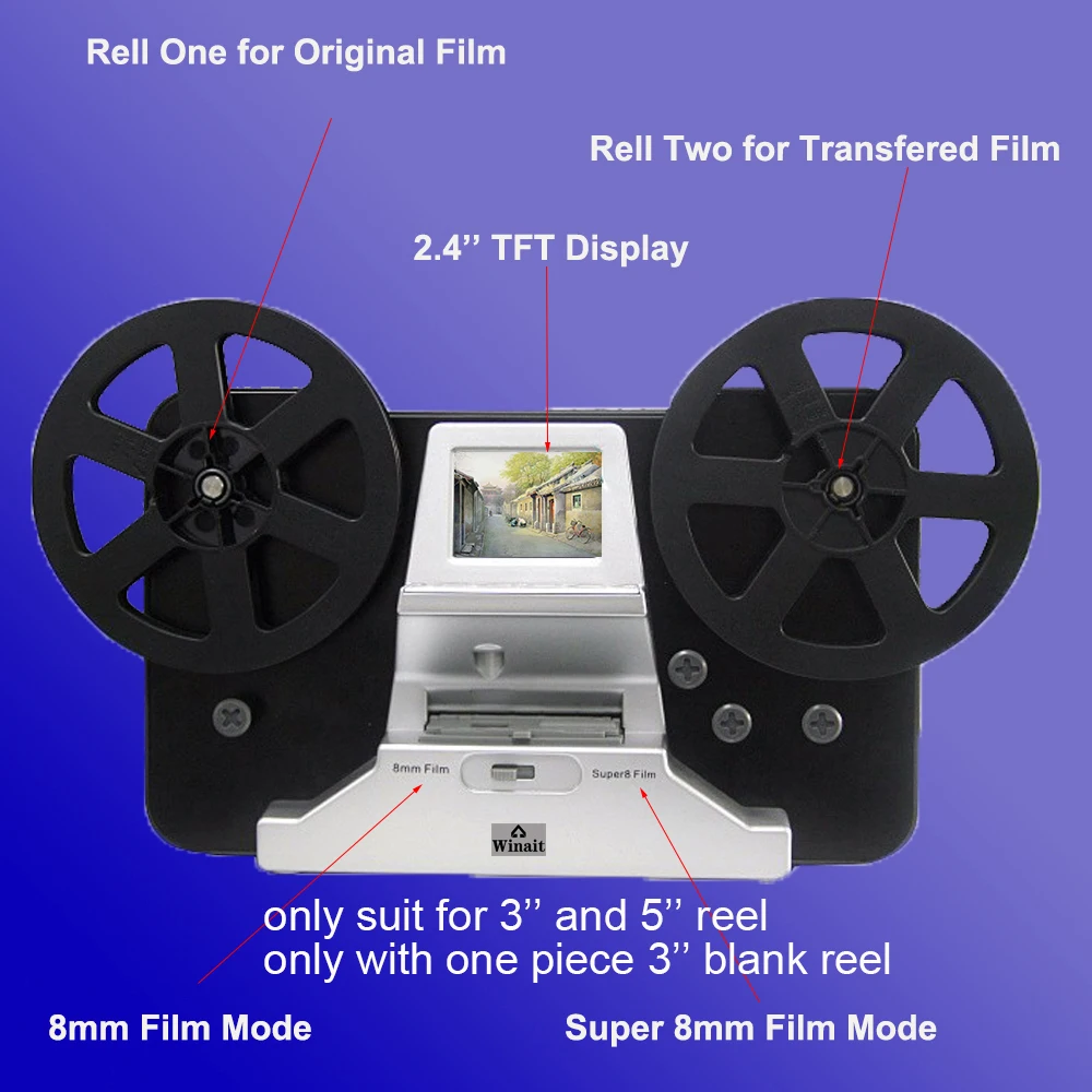 Winait HD 1080*1044 Home Use Super 8 and 8mm Film Scanner, Roll Fim Converter to Video (no Sound)