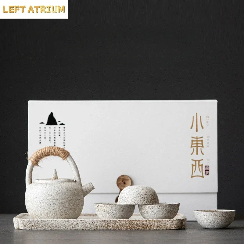 Japanese Style Rough Ceramic Tea Set Household Tilting Pot Dry Brewing Tray Teacup Set Gift Box