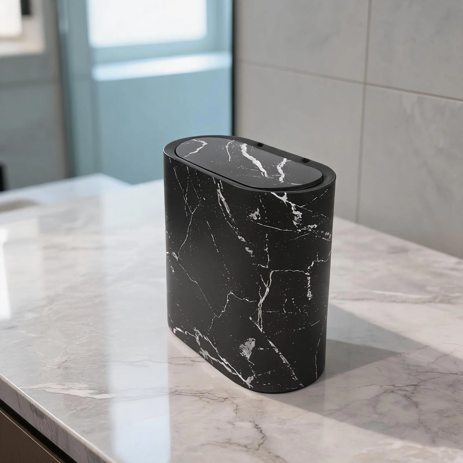 Marble Pattern Slim Trash Can With Lid PP Material For Home Hotel School Narrow Garbage Bin Space Saving Bathroom Kitchen