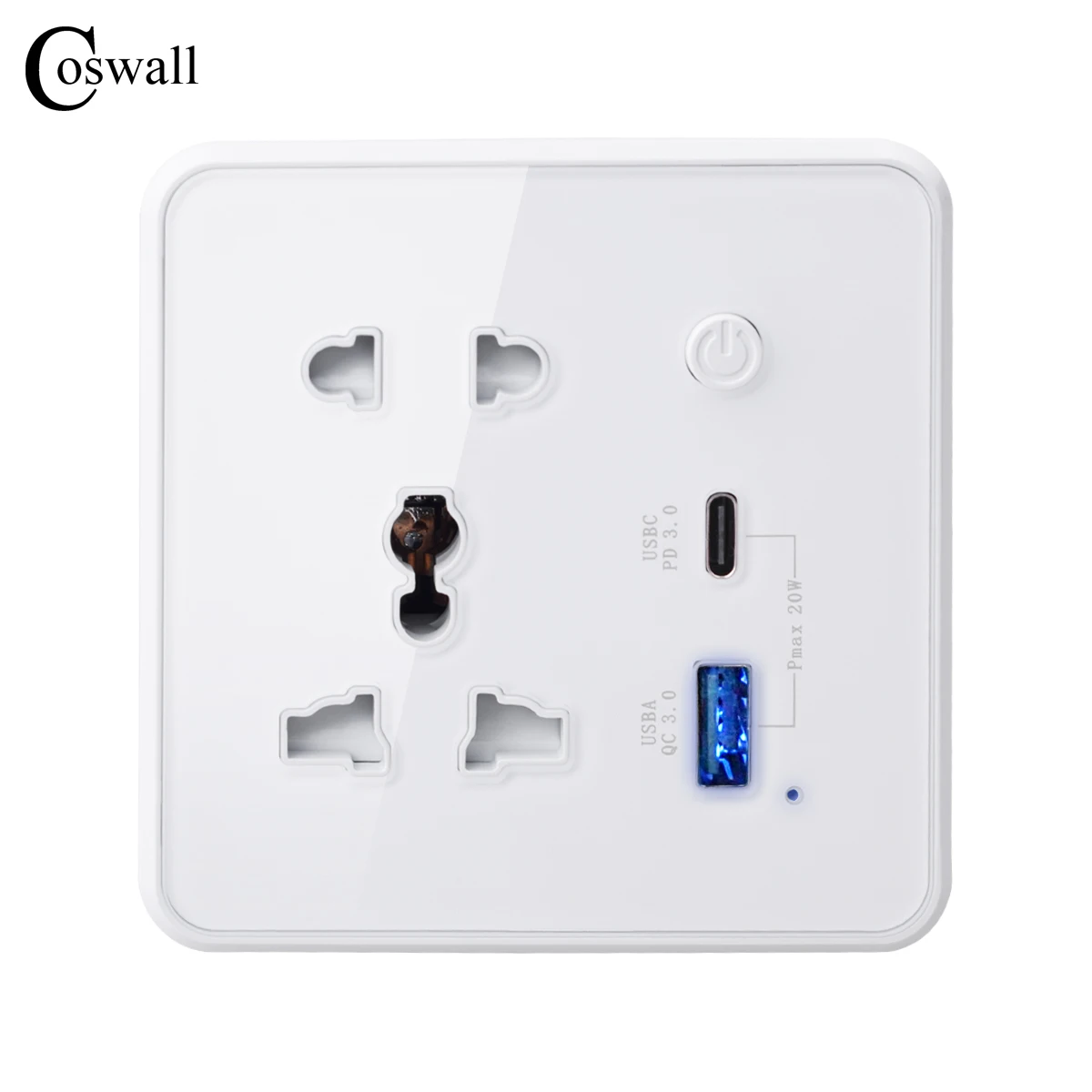 Coswall Glass Panel Universal Socket +Dual USB 20W Type-C Fast Charger QC 3.0 DC 5V/9V/12V Output With Physical key Main Switch