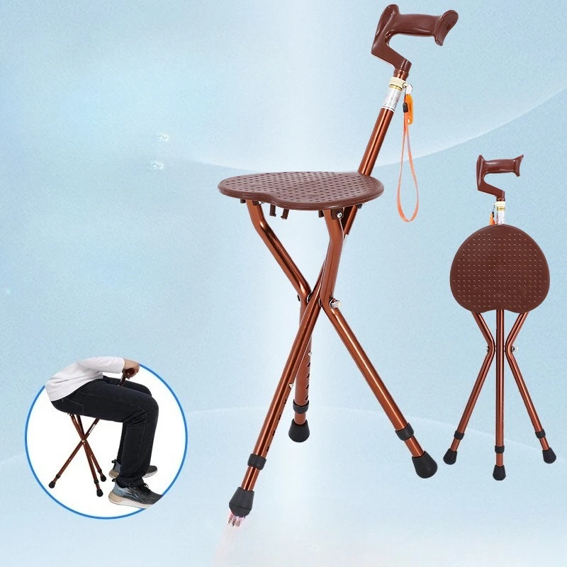 

Outdoors Folding Crutch Chair Elderly Rest Walking Stick Chair Aluminum Alloy Tripod Stool Non Slip Portable Beach Camping Chair