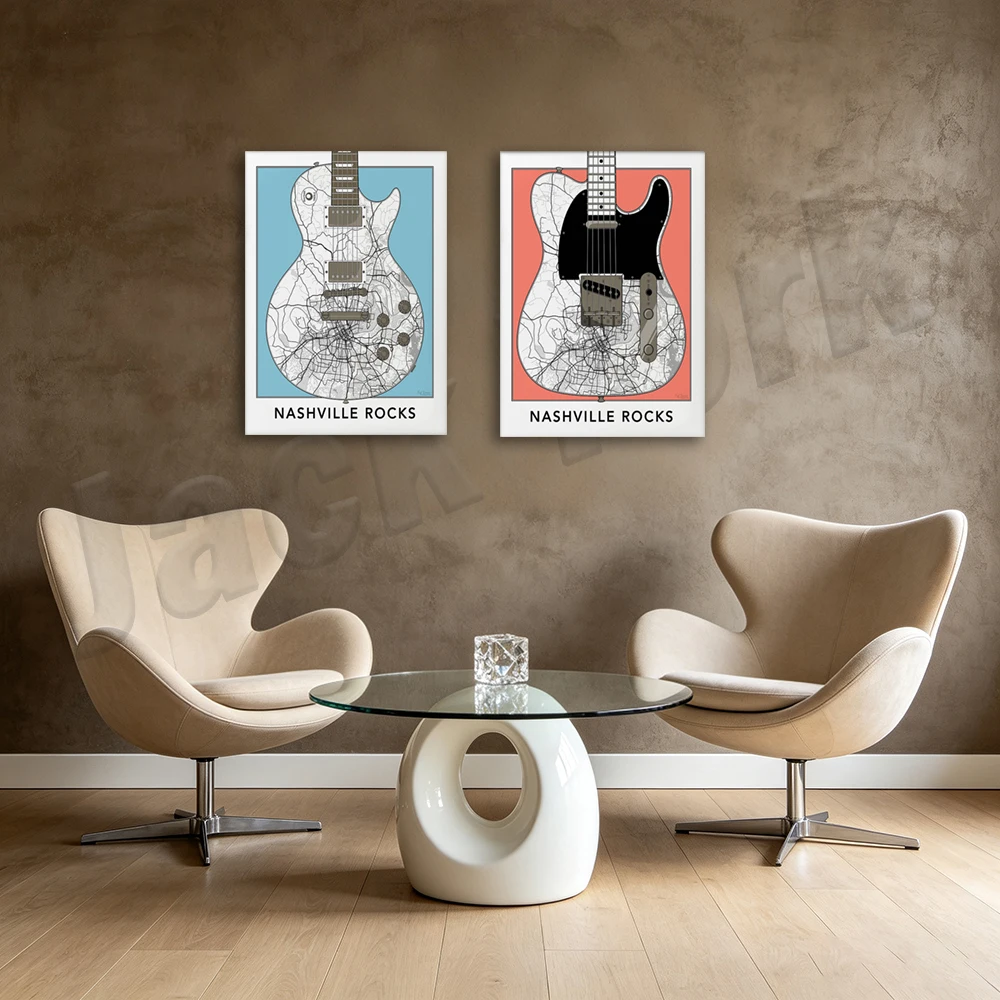 Nashville map, TV guitar art, Nashville guitar map poster, Nashville art, Nashville rocks, Tennessee map canvas print
