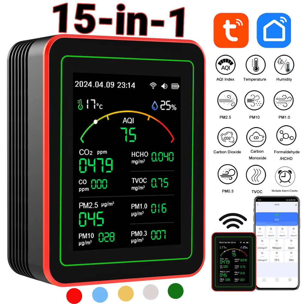 Air Quality Detector 15/12/10/6/5 in 1 Air Quality Tester Temperature Humidity Meter CO/CO2/HCHO/TVOC/AQI/PM2.5/PM10