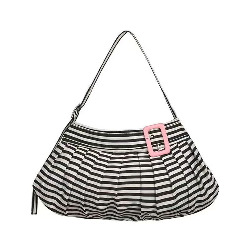 Gestreifte Plissierte Hobo-Canvas-Schultertasche, Vielseitige Damen-Handtasche für den Arbeitsweg, Tägliche Casual-Chic-Handtasche, Leichtgewicht – Detail 12